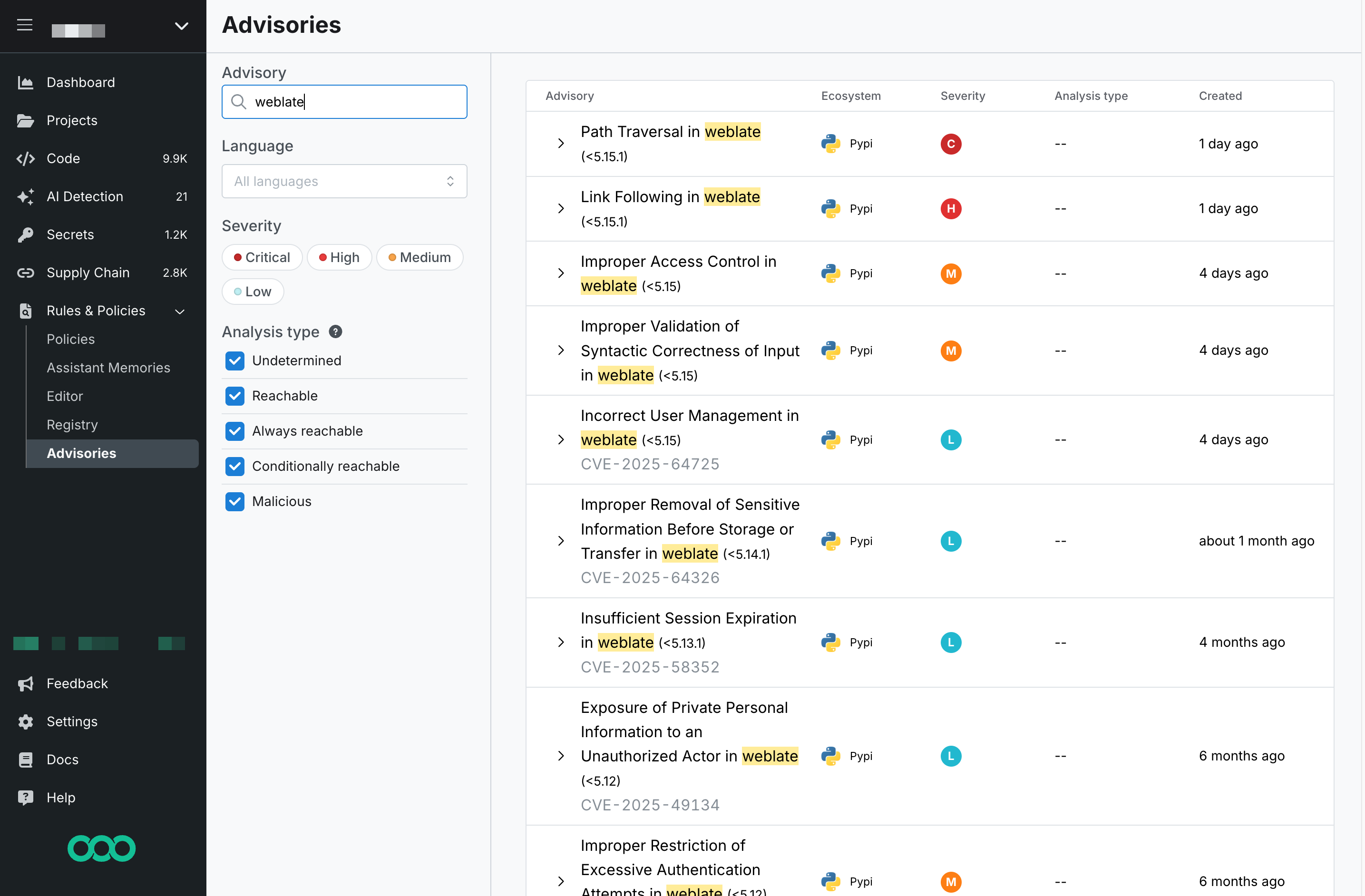 Search for advisories by package name.