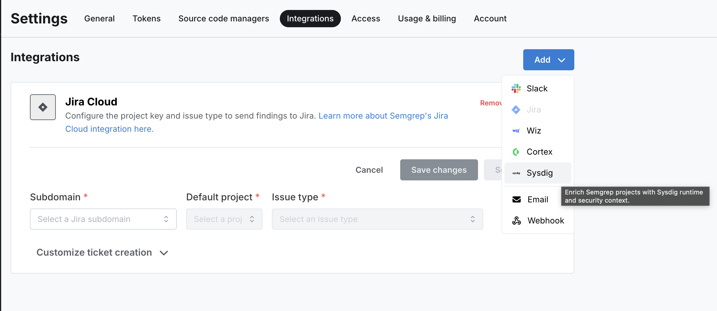Add Sysdig Integration with Existing Integration